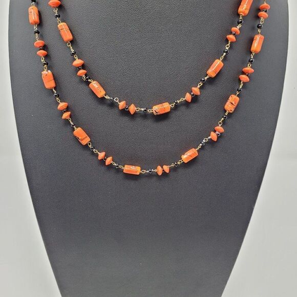 Vintage 30's Art Deco Orange Black Art Glass Chain Linked Flapper Necklace - Picture 11 of 12